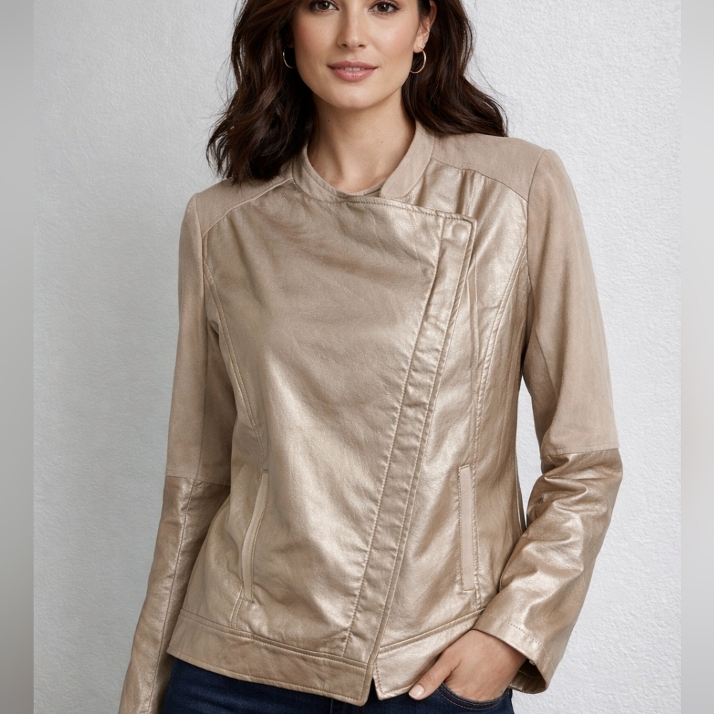 Chico's NEW Champagne Faux Leather Jacket Metallic Neutral Sz 3 (XL 16) Luxury